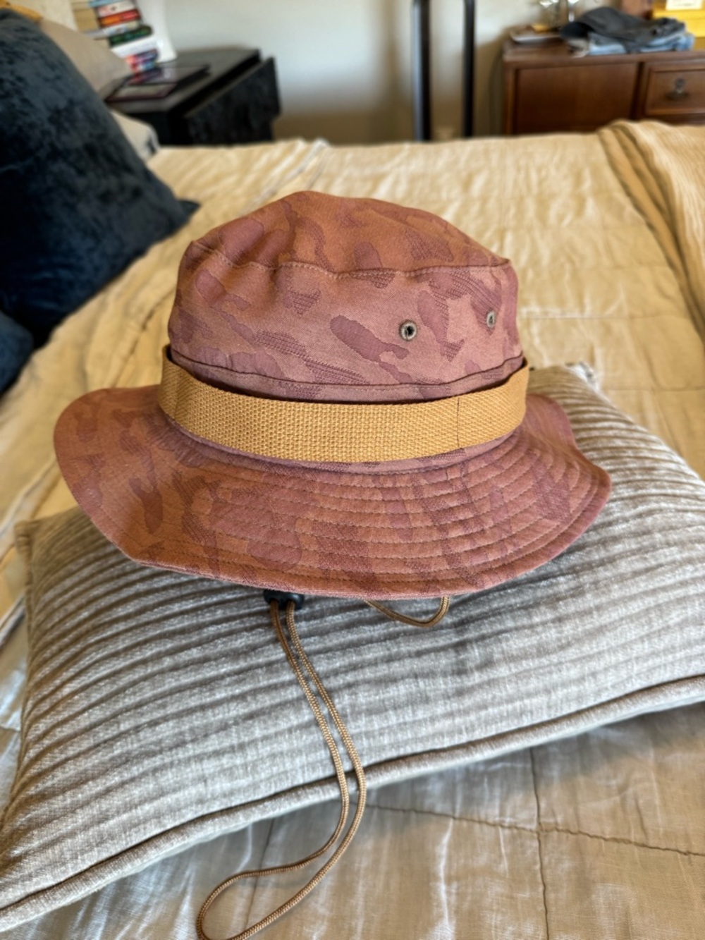 Brixton Rose Camo Bucket Hat with Tan Chin Cord